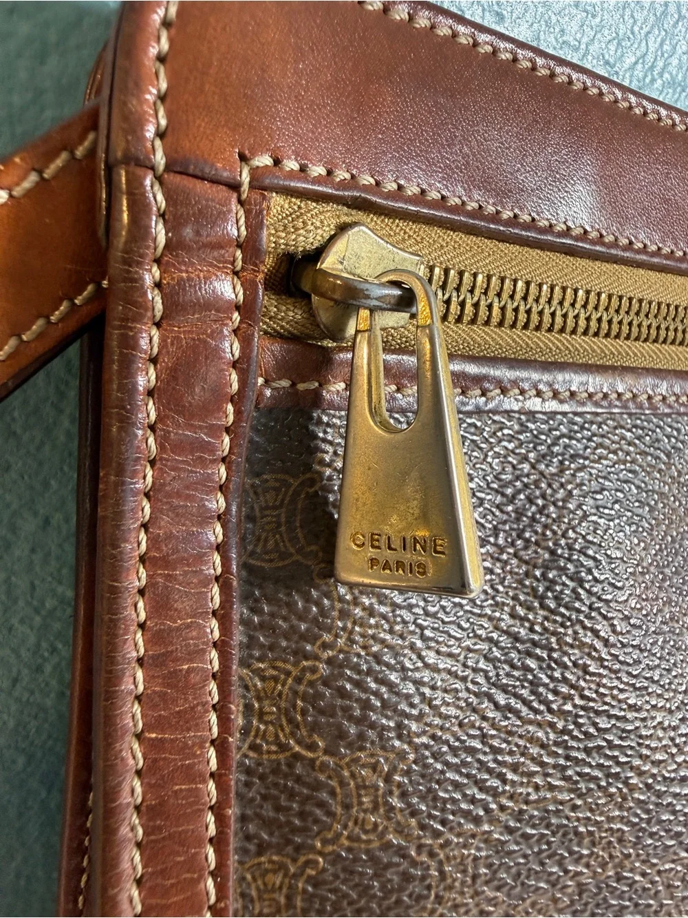 CELINE Macadam Triomphe Brown Clutch Wristlet Bag Gold Hardware Vintage
